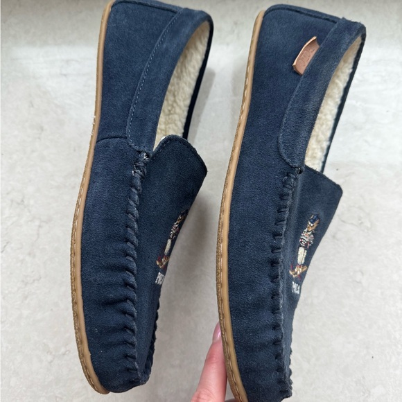Polo Ralph Lauren Blue Suede Slippers With Polo Skiing Bear - Picture 6 of 7
